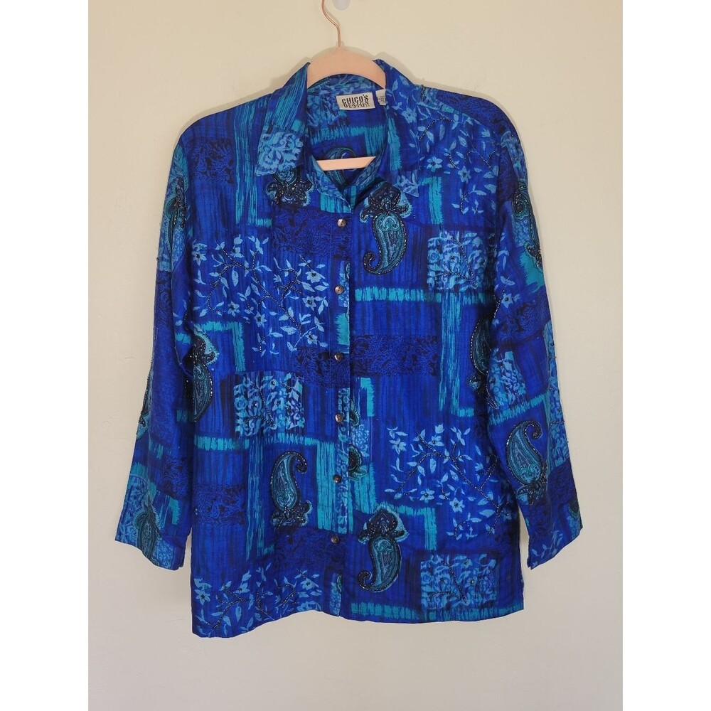 Chico's Patterned Blue Button-Up Shirt WOMEN SIZE L